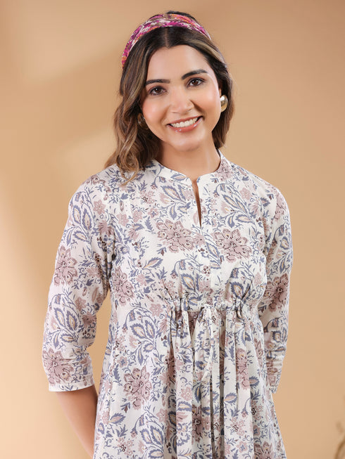 Off White Pure Cotton Floral Printed A-line Tunic